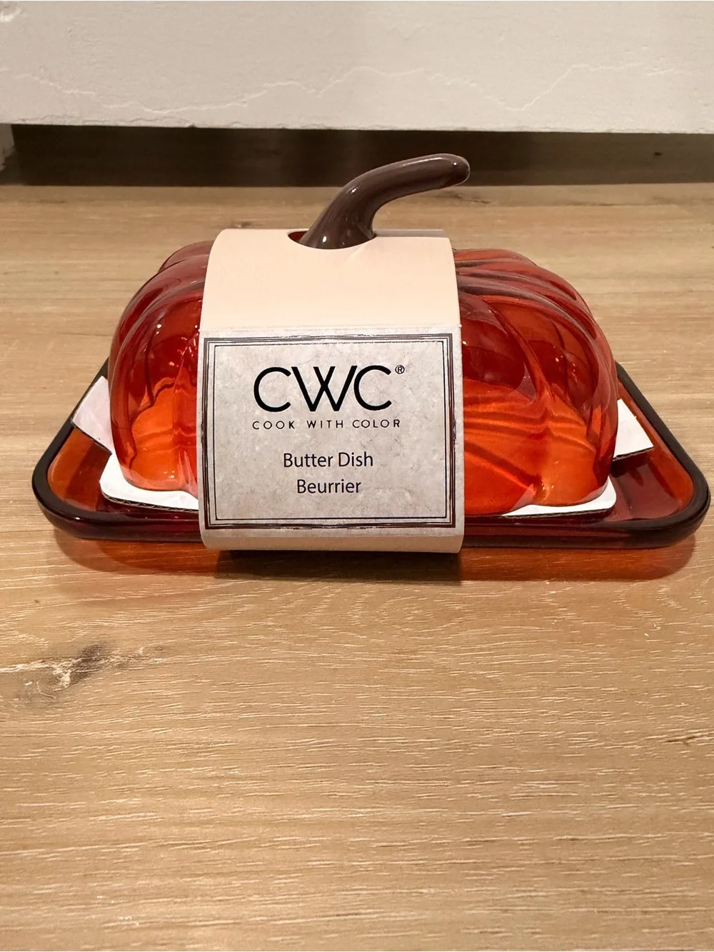 CWC - Orange Glass Pumpkin Butter Dish with Brown Stem Halloween thanksgiving